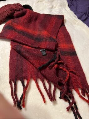 Steve Madden Burgundy and Black Plaid Fringe Scarf